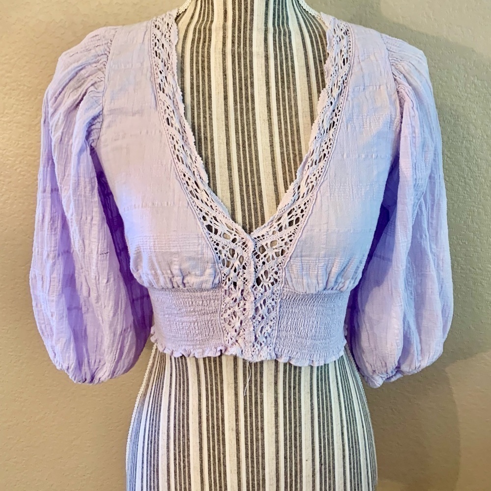 Grace Crop Top Small Lavender Balloon Sleeve V-Neck Lace Smocked Ties Cotton Y2K